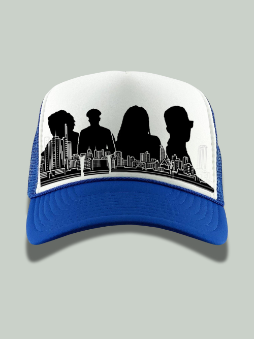 Blue mesh Archer Cap with Zoza Podcast city skyline logo